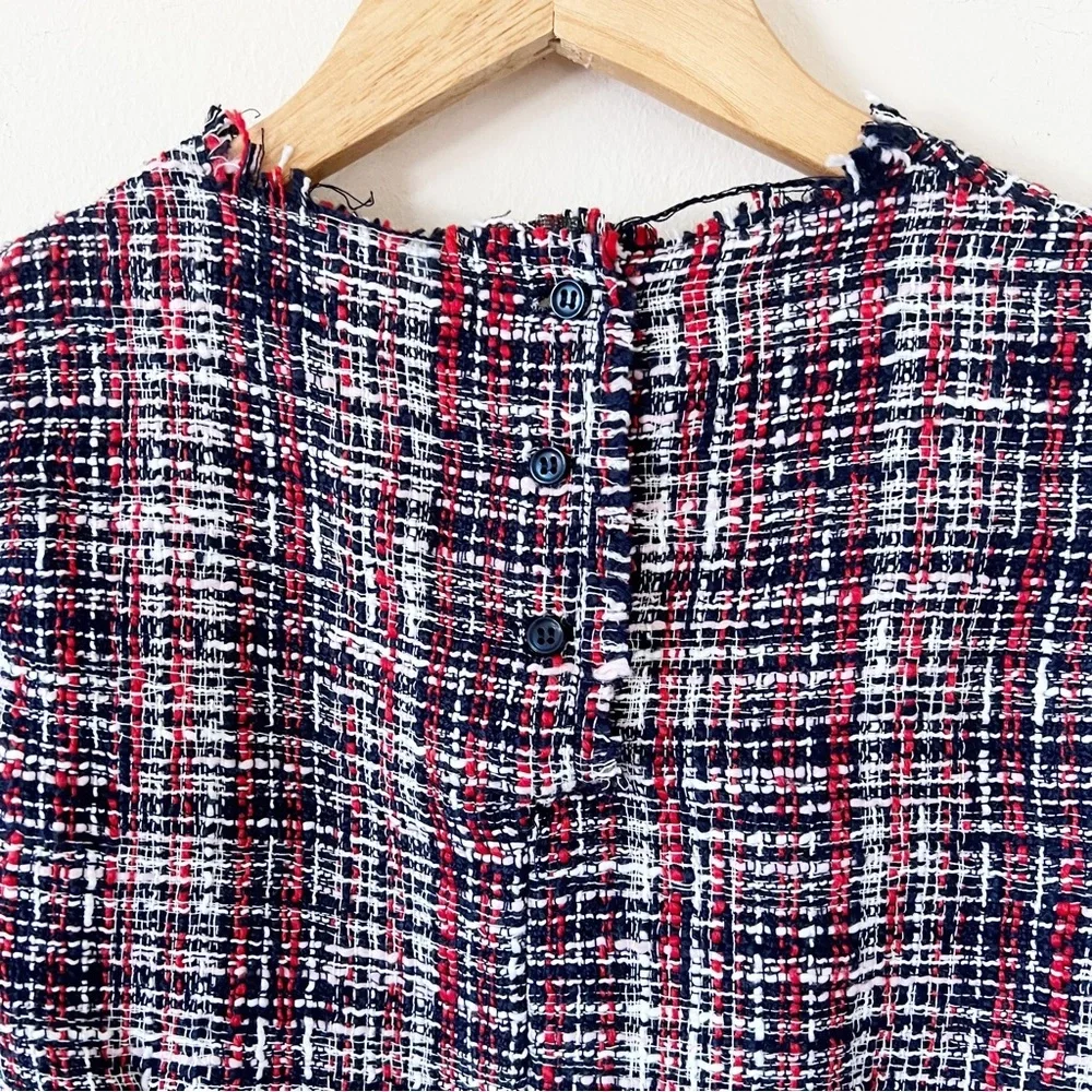 Zara Tweed Blue Red Organza Blouse Top - Picture 6 of 7